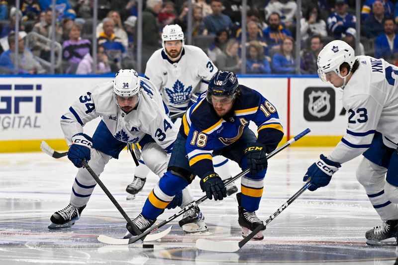 Feb 19, 2024; St. Louis, Missouri, USA;  St. Louis Blues center Robert Thomas (18) faces off against Toronto Maple Leafs center Auston Matthews (34) during the third period at Enterprise Center. Mandatory Credit: Jeff Curry-USA TODAY Sports