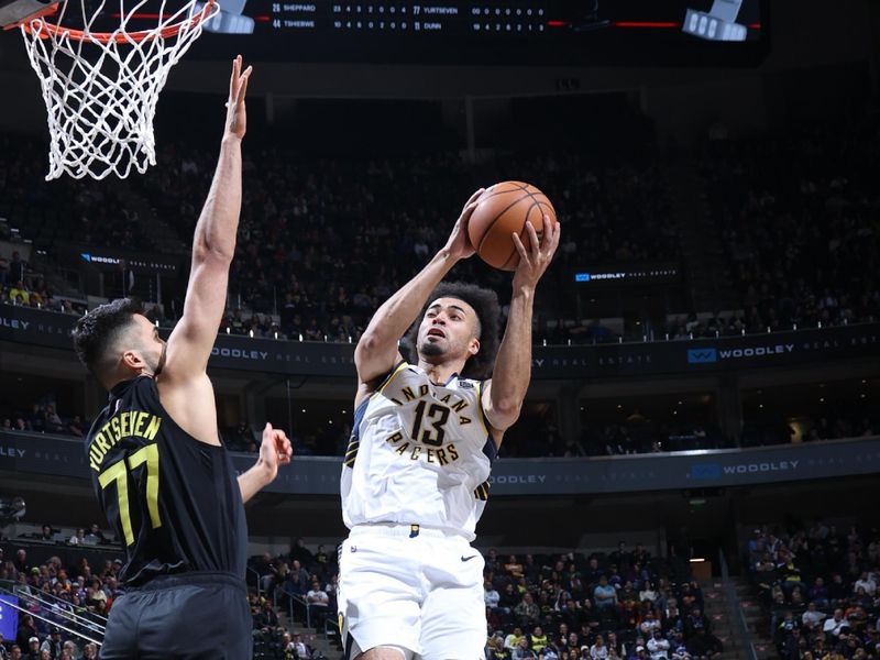 SALT LAKE CITY, UT - JANUARY 15: Jordan Nwora #13 of the Indiana Pacers drives to the basket during the game against the Utah Jazz on January 15, 2024 at Delta Center in Salt Lake City, Utah. NOTE TO USER: User expressly acknowledges and agrees that, by downloading and or using this Photograph, User is consenting to the terms and conditions of the Getty Images License Agreement. Mandatory Copyright Notice: Copyright 2024 NBAE (Photo by Melissa Majchrzak/NBAE via Getty Images)