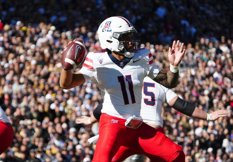 Nov 11, 2023; Boulder, Colorado, USA; Arizona Wildcats linebacker Taylor Upshaw (11) prepares to the pass Colorado Buffaloes in the first half at Folsom Field. Mandatory Credit: Ron Chenoy-USA TODAY Sports