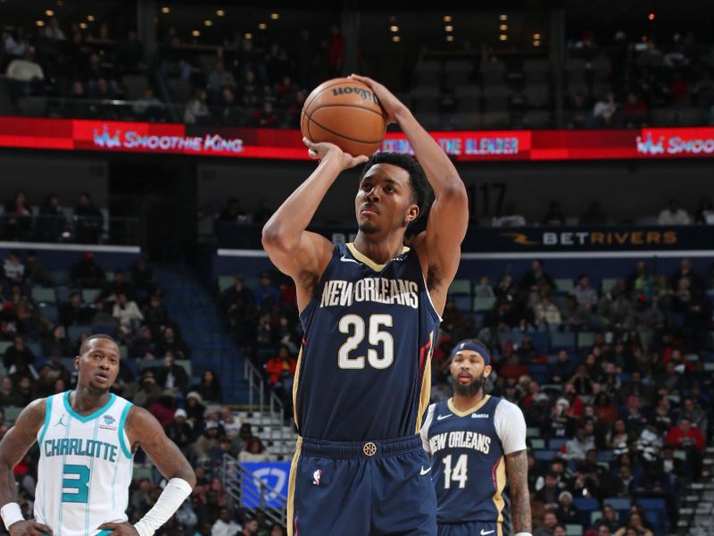 NEW ORLEANS, LA - JANUARY 17: Trey Murphy III #25 of the New Orleans Pelicans shoots a free throw during the game against the Charlotte Hornets on January 17, 2024 at the Smoothie King Center in New Orleans, Louisiana. NOTE TO USER: User expressly acknowledges and agrees that, by downloading and or using this Photograph, user is consenting to the terms and conditions of the Getty Images License Agreement. Mandatory Copyright Notice: Copyright 2024 NBAE (Photo by Layne Murdoch Jr./NBAE via Getty Images)