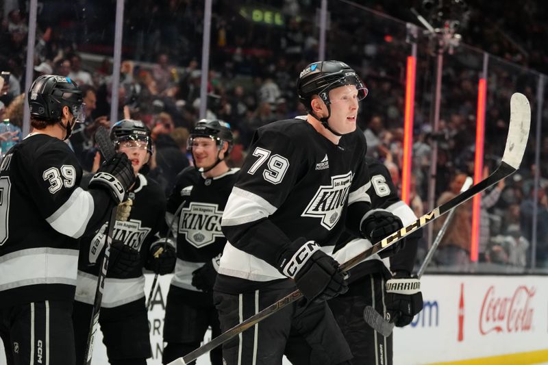 Mar 5, 2026; Los Angeles, California, USA; LA Kings center Samuel Helenius (79) reacts after a goal against the New York Islanders in the second period at Crypto.com Arena. Mandatory Credit: Kirby Lee-Imagn Images