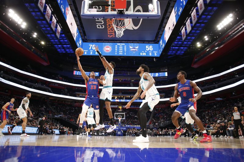 DETROIT, MI - March 11: Jaden Ivey #23 of the Detroit Pistons drives to the basket during the game against the Charlotte Hornets on March 11, 2024 at Little Caesars Arena in Detroit, Michigan. NOTE TO USER: User expressly acknowledges and agrees that, by downloading and/or using this photograph, User is consenting to the terms and conditions of the Getty Images License Agreement. Mandatory Copyright Notice: Copyright 2024 NBAE (Photo by Brian Sevald/NBAE via Getty Images)