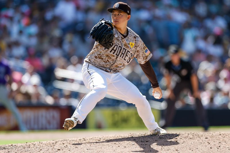 Aug 4, 2024; San Diego, California, USA; San Diego Padres relief pitcher Yuki Matsui (1) throws a pitch during the ninth inning against the Colorado Rockies at Petco Park. Mandatory Credit: David Frerker-USA TODAY Sports