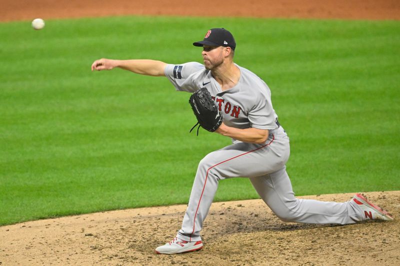 Jun 8, 2023; Cleveland, Ohio, USA; Boston Red Sox starting pitcher Corey Kluber (28) delivers a pitch in the the sixth inning against the Cleveland Guardians at Progressive Field. Mandatory Credit: David Richard-USA TODAY Sports