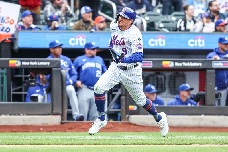 Apr 13, 2024; New York City, New York, USA;  New York Mets center fielder Brandon Nimmo (9) runs to home plate in the first inning against the Kansas City Royals at Citi Field. Mandatory Credit: Wendell Cruz-USA TODAY Sports