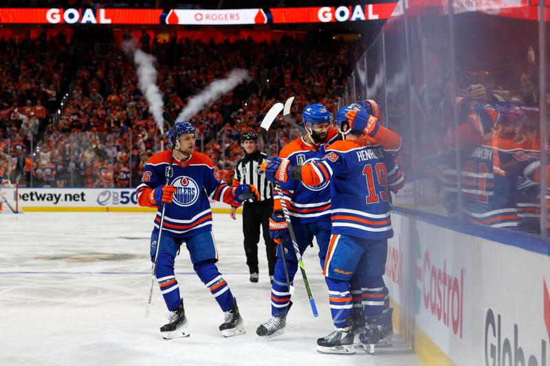 Jun 13, 2024; Edmonton, Alberta, CAN; Edmonton Oilers left wing Warren Foegele (37) celebrates a goal with teammates in the second period against the Florida Panthers in game three of the 2024 Stanley Cup Final at Rogers Place. Mandatory Credit: Perry Nelson-USA TODAY Sports