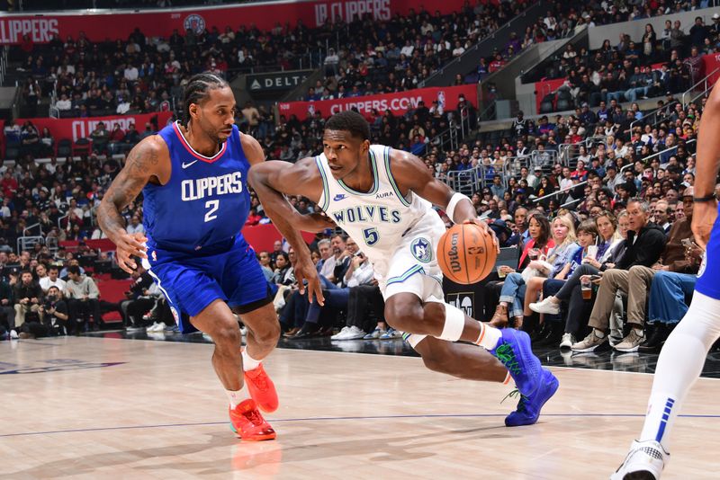 LOS ANGELES, CA - MARCH 12:  Anthony Edwards #5 of the Minnesota Timberwolves handles the ball during the game against the LA Clippers on March 12, 2024 at Crypto.Com Arena in Los Angeles, California. NOTE TO USER: User expressly acknowledges and agrees that, by downloading and/or using this Photograph, user is consenting to the terms and conditions of the Getty Images License Agreement. Mandatory Copyright Notice: Copyright 2024 NBAE (Photo by Adam Pantozzi/NBAE via Getty Images)