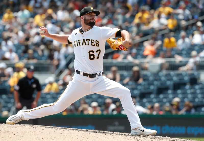 Jul 16, 2023; Pittsburgh, Pennsylvania, USA;  Pittsburgh Pirates relief pitcher Cody Bolton (67) pitches against the San Francisco Giants during the fifth inning at PNC Park. Mandatory Credit: Charles LeClaire-USA TODAY Sports