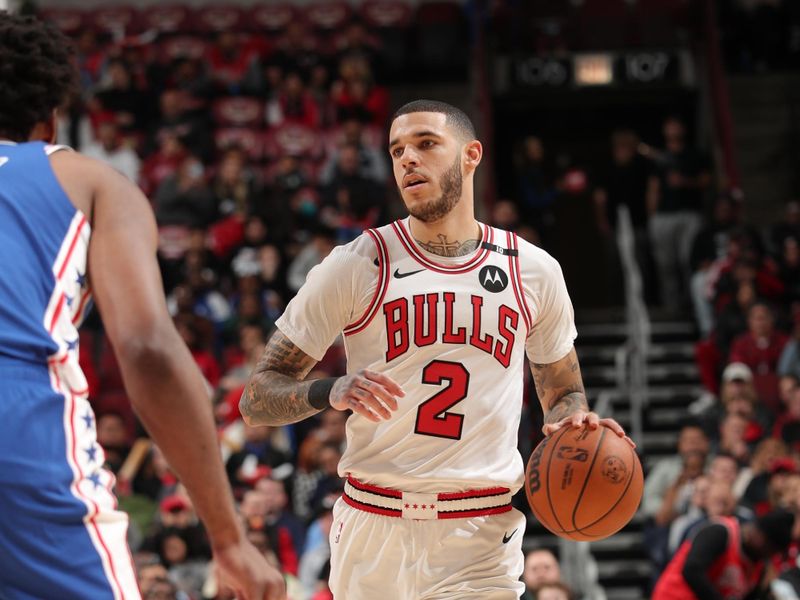 CHICAGO, IL - DECEMBER 8: Lonzo Ball #2 of the Chicago Bulls dribbles the ball during the game against the Philadelphia 76ers on December 8, 2024 at United Center in Chicago, Illinois. NOTE TO USER: User expressly acknowledges and agrees that, by downloading and or using this photograph, User is consenting to the terms and conditions of the Getty Images License Agreement. Mandatory Copyright Notice: Copyright 2024 NBAE (Photo by Gary Dineen/NBAE via Getty Images)