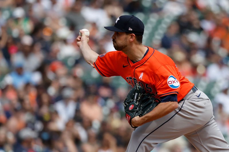 May 12, 2024; Detroit, Michigan, USA;  Houston Astros relief pitcher Seth Martinez (61) pitches in the eighth inning against the Detroit Tigers at Comerica Park. Mandatory Credit: Rick Osentoski-USA TODAY Sports