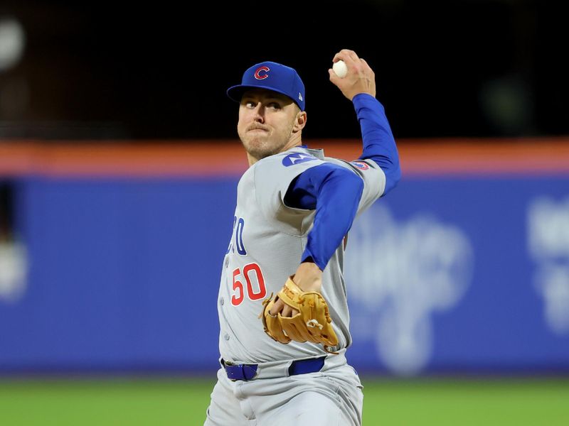 May 9, 2025; New York City, New York, USA; Chicago Cubs starting pitcher Jameson Taillon (50) pitches against the New York Mets during the third inning at Citi Field. Mandatory Credit: Brad Penner-Imagn Images