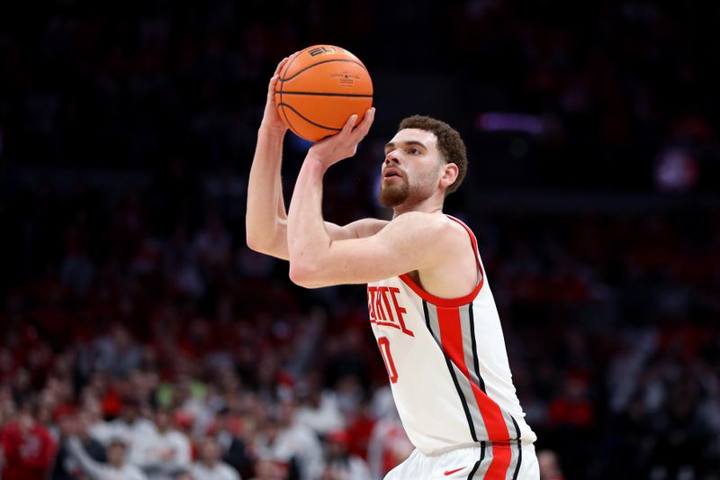 Feb 29, 2024; Columbus, Ohio, USA;  Ohio State Buckeyes forward Jamison Battle (10) takes a three point shot during the second half against the Nebraska Cornhuskers at Value City Arena. Mandatory Credit: Joseph Maiorana-USA TODAY Sports