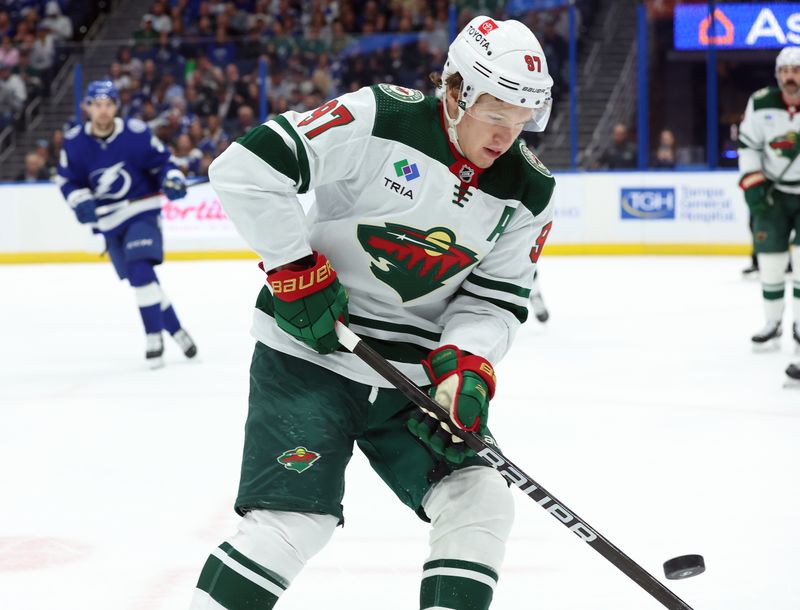 Jan 18, 2024; Tampa, Florida, USA; Minnesota Wild left wing Kirill Kaprizov (97) against the Tampa Bay Lightning during the first period at Amalie Arena. Mandatory Credit: Kim Klement Neitzel-USA TODAY Sports