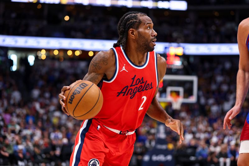 DENVER, CO - APRIL 19: Kawhi Leonard #2 of the LA Clippers handles the ball during the game against the Denver Nuggets during Round One Game One of the 2025 NBA Playoffs on April 19, 2025 at Ball Arena in Denver, Colorado. NOTE TO USER: User expressly acknowledges and agrees that, by downloading and/or using this Photograph, user is consenting to the terms and conditions of the Getty Images License Agreement. Mandatory Copyright Notice: Copyright 2025 NBAE (Photo by Jamie Schwaberow/NBAE via Getty Images)