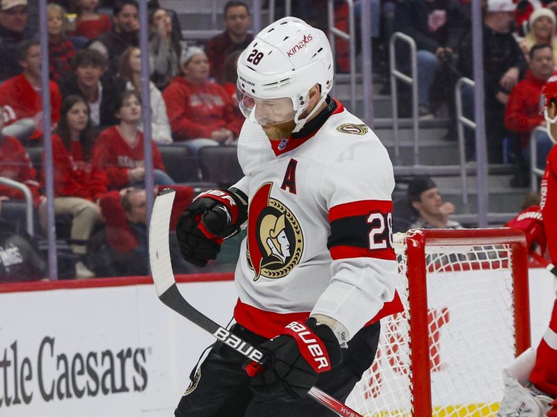 Dec 9, 2023; Detroit, Michigan, USA; Ottawa Senators right wing Claude Giroux (28) reacts after scoring a goal during the first period at Little Caesars Arena. Mandatory Credit: Brian Bradshaw Sevald-USA TODAY Sports