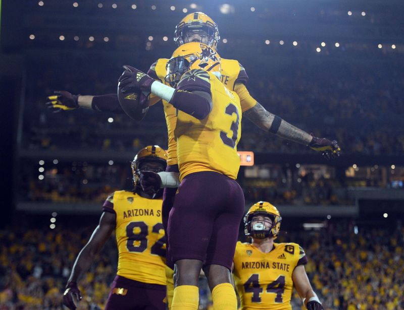 Sep 25, 2021; Tempe, Arizona, USA; Arizona State Sun Devils running back Rachaad White (3) celebrates his touchdown against the Colorado Buffaloes during the second half at Sun Devil Stadium. Mandatory Credit: Joe Camporeale-USA TODAY Sports