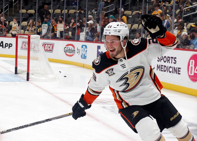 Oct 30, 2023; Pittsburgh, Pennsylvania, USA;  Anaheim Ducks center Mason McTavish (23) reacts during warm ups before the game against the Pittsburgh Penguins at PPG Paints Arena. Mandatory Credit: Charles LeClaire-USA TODAY Sports