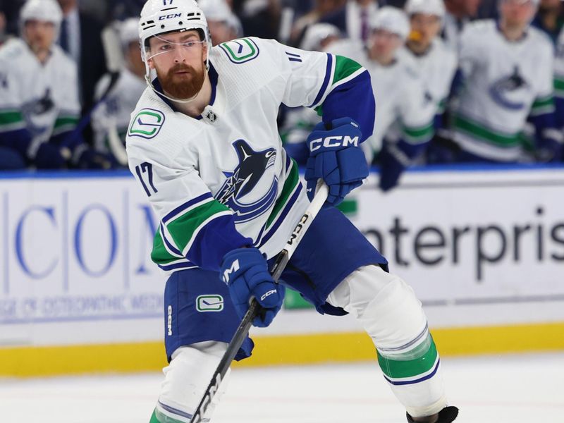 Jan 13, 2024; Buffalo, New York, USA;  Vancouver Canucks defenseman Filip Hronek (17) makes a pass during the first period against the Buffalo Sabres at KeyBank Center. Mandatory Credit: Timothy T. Ludwig-USA TODAY Sports