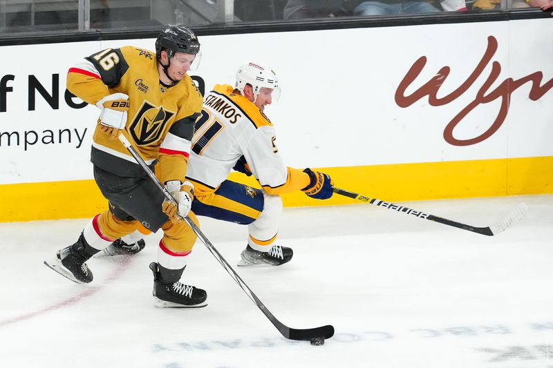 Apr 12, 2025; Las Vegas, Nevada, USA; Vegas Golden Knights left wing Pavel Dorofeyev (16) skates around Nashville Predators center Steven Stamkos (91) during the third period at T-Mobile Arena. Mandatory Credit: Stephen R. Sylvanie-Imagn Images