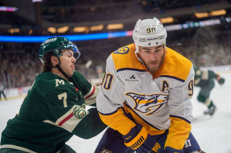 Dec 23, 2025; Saint Paul, Minnesota, USA; Minnesota Wild defenseman Brock Faber (7) checks Nashville Predators center Ryan O'Reilly (90) in the third period at Grand Casino Arena. Mandatory Credit: Matt Blewett-Imagn Images