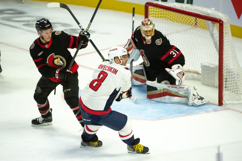 Oct 18, 2023; Ottawa, Ontario, CAN; Ottawa Senators defenseman Jakob Chychrun (6) defends against Washington Capitals left wing Alex Ovechkin (8) in the third period at the Canadian Tire Centre. Mandatory Credit: Marc DesRosiers-USA TODAY Sports