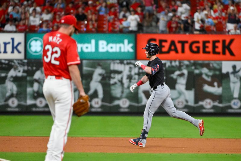 Sep 20, 2024; St. Louis, Missouri, USA;  Cleveland Guardians center fielder Lane Thomas (8) runs the bases after hitting a solo home run off of St. Louis Cardinals relief pitcher Steven Matz (32) during the eighth inning at Busch Stadium. Mandatory Credit: Jeff Curry-Imagn Images