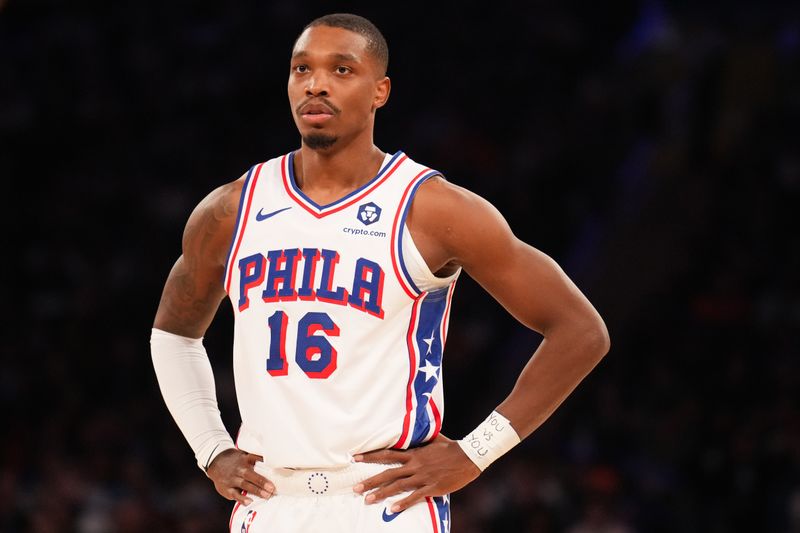 NEW YORK, NY - FEBRUARY 26: Lonnie Walker IV #16 of the Philadelphia 76ers looks on during the game against the New York Knicks  on February 26, 2025 at Madison Square Garden in New York City, New York.  NOTE TO USER: User expressly acknowledges and agrees that, by downloading and or using this photograph, User is consenting to the terms and conditions of the Getty Images License Agreement. Mandatory Copyright Notice: Copyright 2025 NBAE  (Photo by Jesse D. Garrabrant/NBAE via Getty Images)