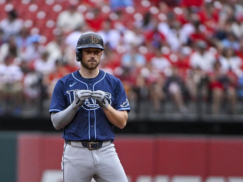 Aug 8, 2024; St. Louis, Missouri, USA;  Tampa Bay Rays second baseman Brandon Lowe (8) reacts after hitting a double against the St. Louis Cardinals during the first inning at Busch Stadium. Mandatory Credit: Jeff Curry-USA TODAY Sports