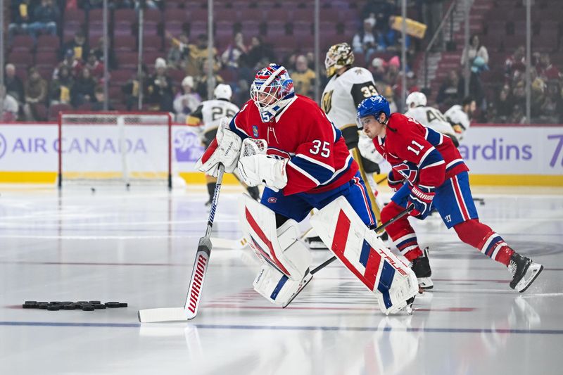 Nov 23, 2024; Montreal, Quebec, CAN; Montreal Canadiens goalie Sam Montembeault (35) skates after jumping on the ice during warm-up before the game against the Las Vegas Golden Knights at Bell Centre. Mandatory Credit: David Kirouac-Imagn Images