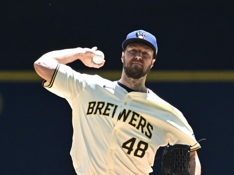 May 30, 2024; Milwaukee, Wisconsin, USA; Milwaukee Brewers starting pitcher Colin Rea (48) delivers a pitch against the Chicago Cubs in the second inning at American Family Field. Mandatory Credit: Michael McLoone-USA TODAY Sports