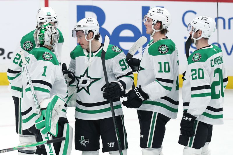 Dec 9, 2025; Winnipeg, Manitoba, CAN; Dallas Stars celebrate their victory over the Winnipeg Jets at Canada Life Centre. Mandatory Credit: James Carey Lauder-Imagn Images