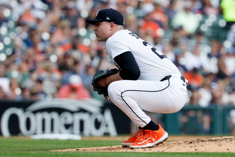 Sep 18, 2025; Detroit, Michigan, USA;  Detroit Tigers pitcher Tarik Skubal (29) reacts in the sixth inning against the Cleveland Guardians at Comerica Park. Mandatory Credit: Rick Osentoski-Imagn Images