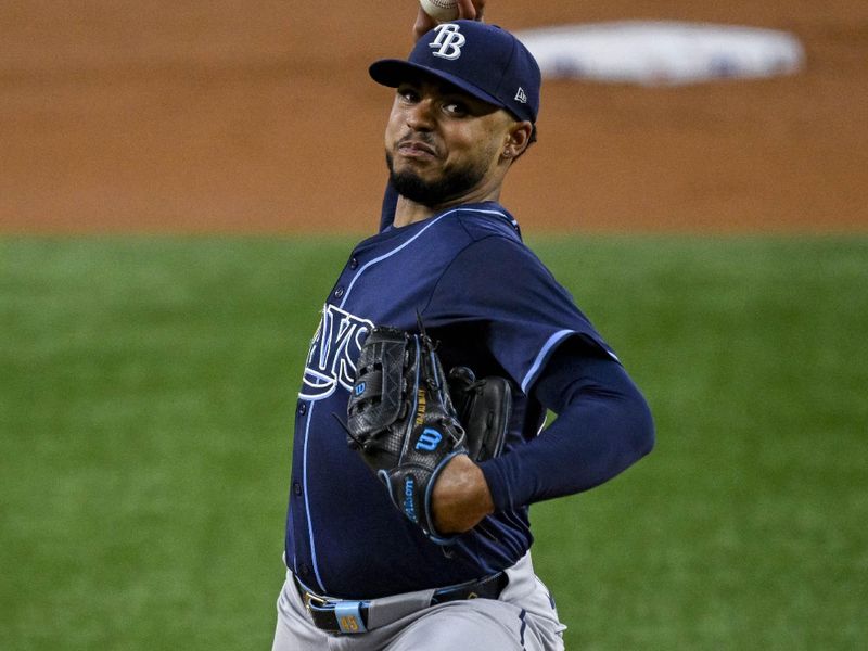 Jul 6, 2024; Arlington, Texas, USA; Tampa Bay Rays starting pitcher Taj Bradley (45) pitches against the Texas Rangers during the first inning at Globe Life Field. Mandatory Credit: Jerome Miron-USA TODAY Sports