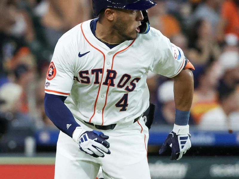 Aug 3, 2024; Houston, Texas, USA; Houston Astros center fielder Pedro Leon (4) runs down the first baseline against the Tampa Bay Rays in the third inning at Minute Maid Park. Mandatory Credit: Thomas Shea-USA TODAY Sports