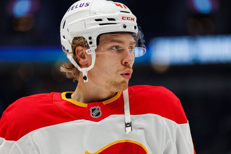 Oct 19, 2024; Seattle, Washington, USA; Calgary Flames center Connor Zary (47) warms up before the game against the Seattle Kraken at Climate Pledge Arena. Mandatory Credit: Caean Couto-Imagn Images