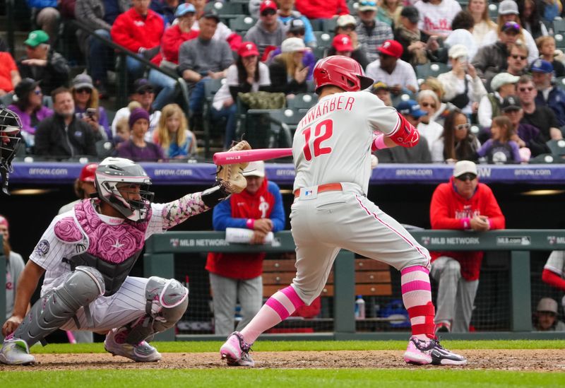 May 14, 2023; Denver, Colorado, USA; Colorado Rockies catcher Elias Diaz (35) prepares to catch a pitch at Philadelphia Phillies designated hitter Kyle Schwarber (12) in the sixth inning at Coors Field. Mandatory Credit: Ron Chenoy-USA TODAY Sports