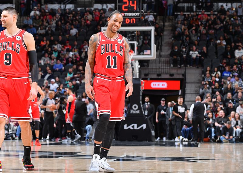 SAN ANTONIO, TX - JANUARY 13: DeMar DeRozan #11 of the Chicago Bulls smiles during the game against the San Antonio Spurs on January 13, 2024 at the Frost Bank Center in San Antonio, Texas. NOTE TO USER: User expressly acknowledges and agrees that, by downloading and or using this photograph, user is consenting to the terms and conditions of the Getty Images License Agreement. Mandatory Copyright Notice: Copyright 2024 NBAE (Photos by Michael Gonzales/NBAE via Getty Images)