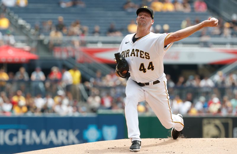 Jul 19, 2023; Pittsburgh, Pennsylvania, USA;  Pittsburgh Pirates starting pitcher Rich Hill (44) delivers a pitch against the Cleveland Guardians during the first inning at PNC Park. Mandatory Credit: Charles LeClaire-USA TODAY Sports