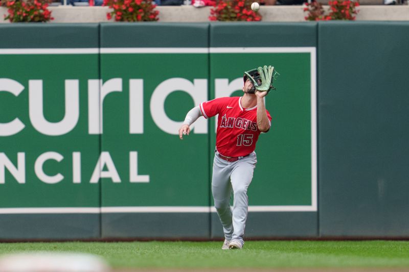 Sep 24, 2023; Minneapolis, Minnesota, USA; Los Angeles Angels left fielder Randal Grichuk (15) catches a fly ball retiring Minnesota Twins right fielder Max Kepler (26) in the fifth ining at Target Field. Mandatory Credit: Matt Blewett-USA TODAY Sports