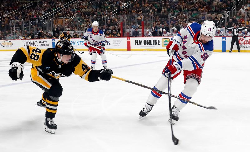 Mar 16, 2024; Pittsburgh, Pennsylvania, USA;  New York Rangers defenseman Erik Gustafsson (56) clears the puck past Pittsburgh Penguins right wing Valtteri Puustinen (48) during the first period at PPG Paints Arena New York won 7-4.. Mandatory Credit: Charles LeClaire-USA TODAY Sports