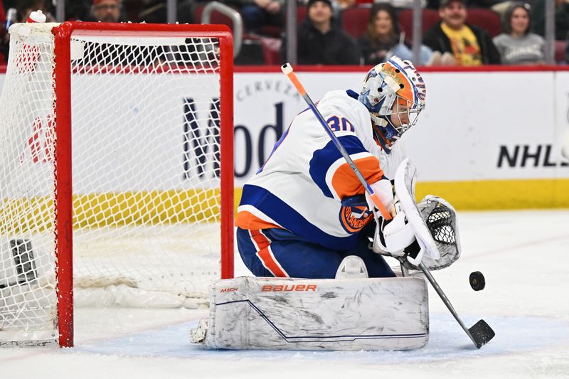 Jan 19, 2024; Chicago, Illinois, USA; New York Islanders goaltender Ilya Sorokin (30) makes a save in the third period against the Chicago Blackhawks at United Center. Mandatory Credit: Jamie Sabau-USA TODAY Sports