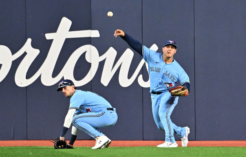 Sep 14, 2023; Toronto, Ontario, CAN;   Toronto Blue Jays center fielder Daulton Varsho (25) throws in a ball that was hit for a double by Texas Rangers left fielder Ezequiel Duran in the eighth inning at Rogers Centre. Mandatory Credit: Dan Hamilton-USA TODAY Sports