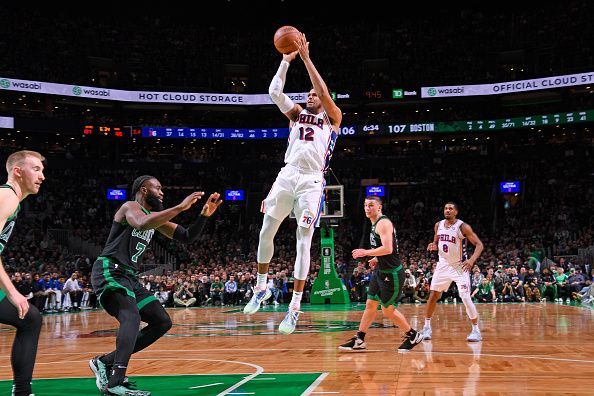 BOSTON, MA - DECEMBER 1: Tobias Harris #12 of the Philadelphia 76ers shoots the ball during the game against the Boston Celtics on December 1, 2023 at the TD Garden in Boston, Massachusetts. NOTE TO USER: User expressly acknowledges and agrees that, by downloading and or using this photograph, User is consenting to the terms and conditions of the Getty Images License Agreement. Mandatory Copyright Notice: Copyright 2023 NBAE  (Photo by Brian Babineau/NBAE via Getty Images) 