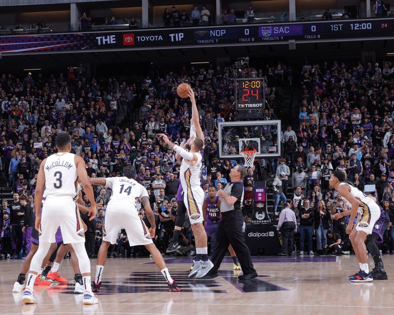 SACRAMENTO, CA - JANUARY 7:  Opening tip-off between Jonas Valanciunas #17 of the New Orleans Pelicans & Domantas Sabonis #10 of the Sacramento Kings on January 7, 2024 at Golden 1 Center in Sacramento, California. NOTE TO USER: User expressly acknowledges and agrees that, by downloading and or using this Photograph, user is consenting to the terms and conditions of the Getty Images License Agreement. Mandatory Copyright Notice: Copyright 2024 NBAE (Photo by Rocky Widner/NBAE via Getty Images)