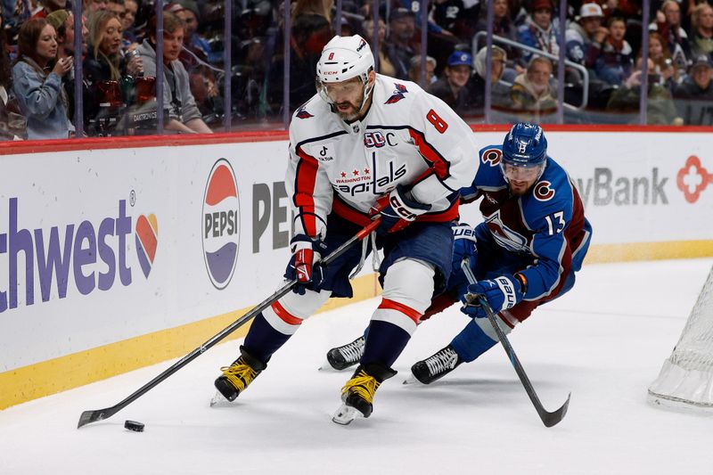 Nov 15, 2024; Denver, Colorado, USA; Washington Capitals left wing Alex Ovechkin (8) controls the puck ahead of Colorado Avalanche right wing Valeri Nichushkin (13) in the third period at Ball Arena. Mandatory Credit: Isaiah J. Downing-Imagn Images