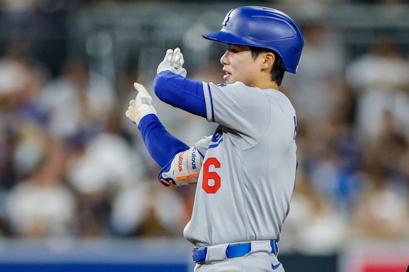 Jun 9, 2025; San Diego, California, USA; Los Angeles Dodgers center fielder Hyeseong Kim (6) celebrates after hitting a rbi double during the fifth inning against the San Diego Padres at Petco Park. Mandatory Credit: David Frerker-Imagn Images