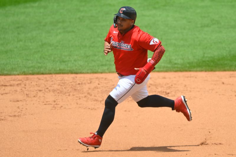 Jun 23, 2024; Cleveland, Ohio, USA; Cleveland Guardians first baseman Josh Naylor (22) runs the bases in the first inning against the Toronto Blue Jays at Progressive Field. Mandatory Credit: David Richard-USA TODAY Sports