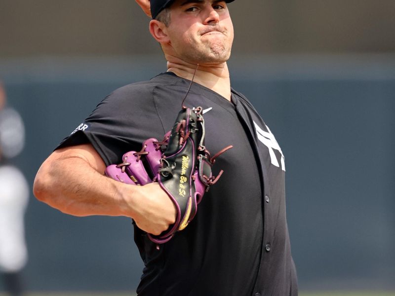 Mar 6, 2024; Tampa, Florida, USA;  New York Yankees starting pitcher Carlos Rodon (55) throws a pitch during the first inning against the Tampa Bay Rays at George M. Steinbrenner Field. Mandatory Credit: Kim Klement Neitzel-USA TODAY Sports