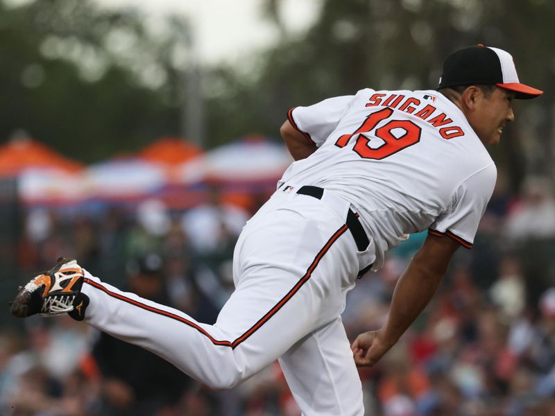 Mar 20, 2025; Sarasota, Florida, USA;  Baltimore Orioles starting pitcher Tomoyuki Sugano (19) throws a pitch during the first inning against the New York Yankees at Ed Smith Stadium. Mandatory Credit: Kim Klement Neitzel-Imagn Images
