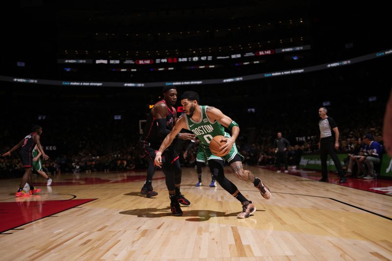 TORONTO, CANADA - JANUARY 15: Jayson Tatum #0 of the Boston Celtics handles the ball during the game against the Toronto Raptors  on January 15, 2024 at the Scotiabank Arena in Toronto, Ontario, Canada.  NOTE TO USER: User expressly acknowledges and agrees that, by downloading and or using this Photograph, user is consenting to the terms and conditions of the Getty Images License Agreement.  Mandatory Copyright Notice: Copyright 2024 NBAE (Photo by Mark Blinch/NBAE via Getty Images)